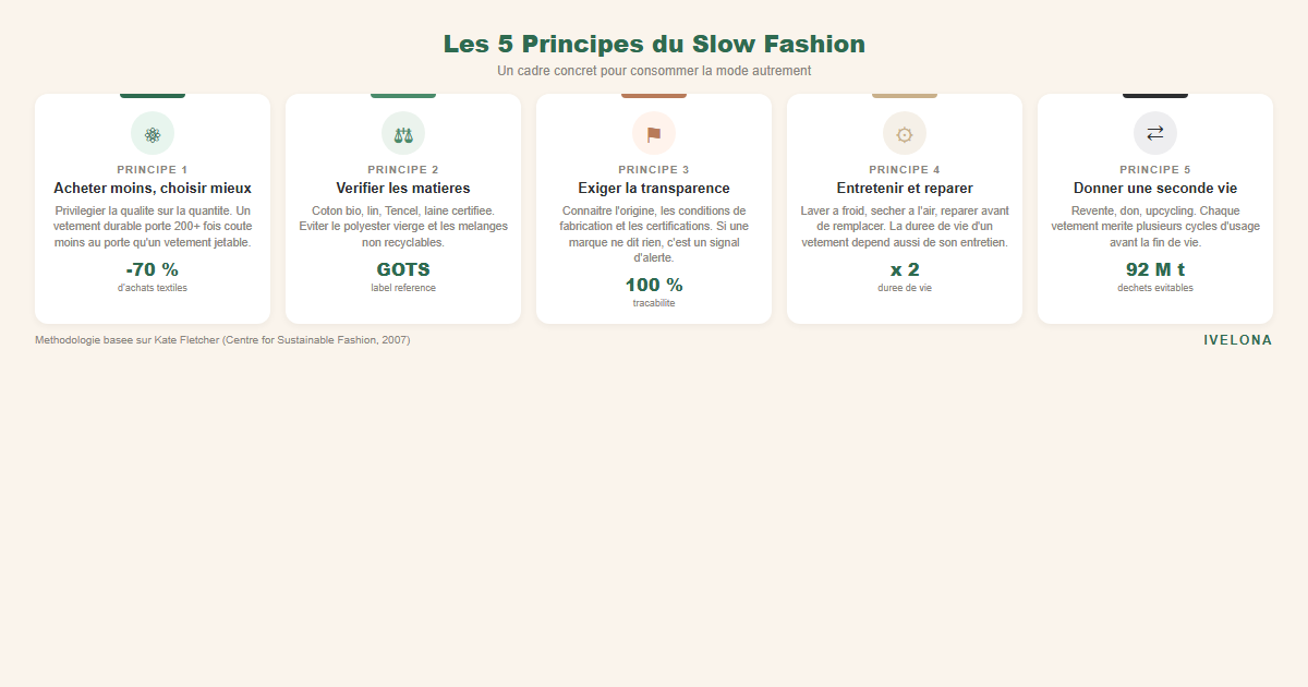 Les 5 principes du slow fashion — guide Ivelona 2026