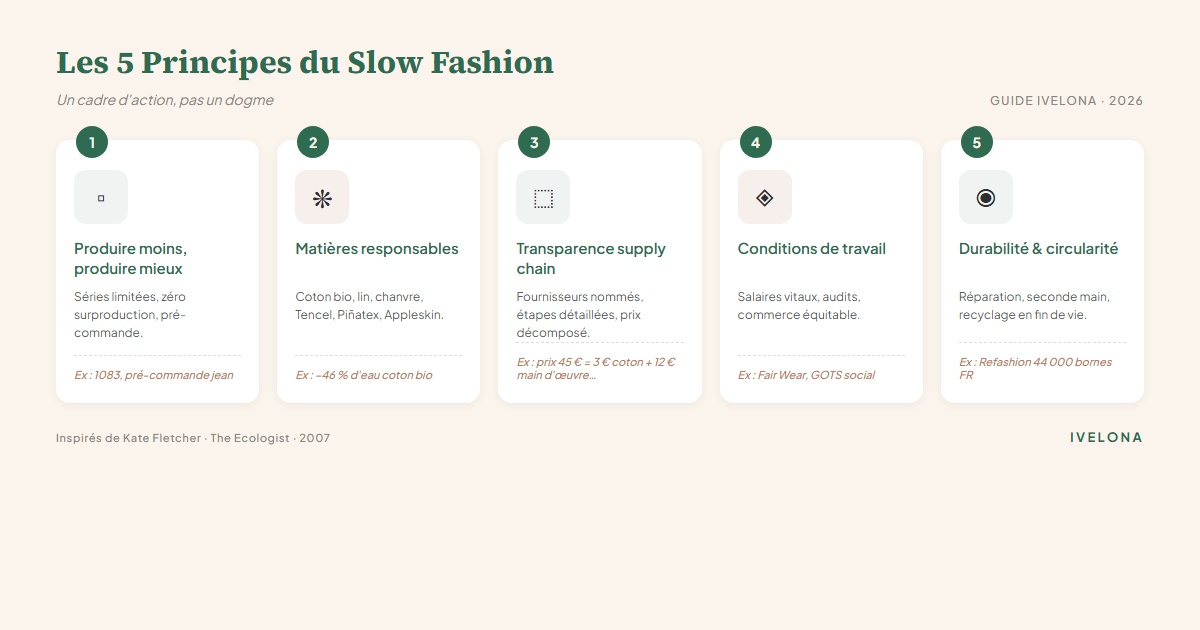 Les 5 principes du slow fashion — guide Ivelona 2026